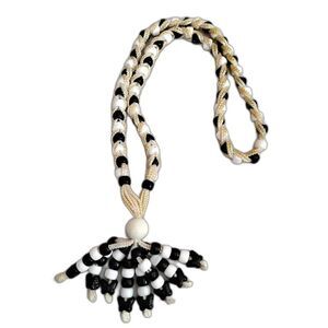 70s Vintage Black & White Beaded Rope Necklace with Butterfly Beads, 30 Inches